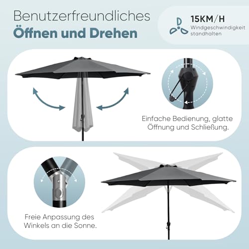 Sekey Sonnenschirm 300 cm mit Kurbel, Gartenschirm wasserabweisend, Balkonschirm UV-Schutz bis UPF 50 , Terrassenschirm neigbar & 8 Streben für Garten, Balkon & Terrasse, Grau – Bild 5