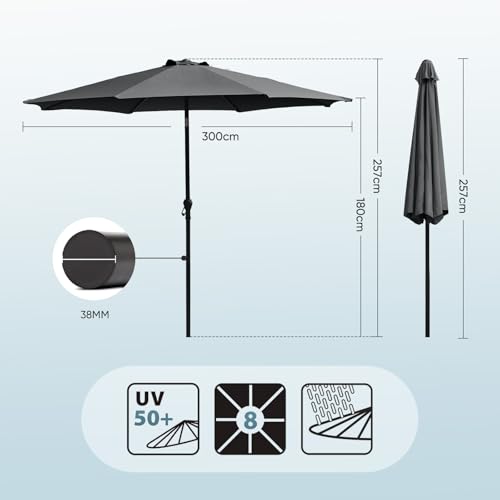 Sekey Sonnenschirm 300 cm mit Kurbel, Gartenschirm wasserabweisend, Balkonschirm UV-Schutz bis UPF 50 , Terrassenschirm neigbar & 8 Streben für Garten, Balkon & Terrasse, Grau – Bild 6