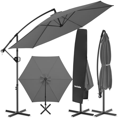 tectake® Ampelschirm Ø 300 cm, wetterfest, 360° drehbar, neigbar, mit Handkurbel und Doppeldach, Sonnenschirm, Marktschirm, Freiarmschirm, Seitenstandschirm, Gartenschirm, Sonnenschutzschirm - grau