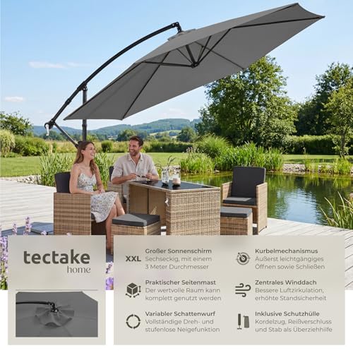tectake® Ampelschirm Ø 300 cm, wetterfest, 360° drehbar, neigbar, mit Handkurbel und Doppeldach, Sonnenschirm, Marktschirm, Freiarmschirm, Seitenstandschirm, Gartenschirm, Sonnenschutzschirm - grau – Bild 2
