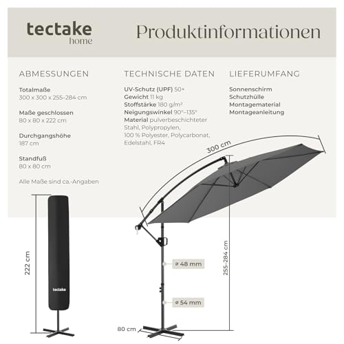 tectake® Ampelschirm Ø 300 cm, wetterfest, 360° drehbar, neigbar, mit Handkurbel und Doppeldach, Sonnenschirm, Marktschirm, Freiarmschirm, Seitenstandschirm, Gartenschirm, Sonnenschutzschirm - grau – Bild 6