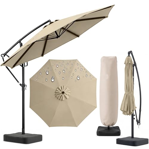 OLILAWN Sonnenschirm mit Ständer, 300 cm Ampelschirm mit Kurbel, für Balkon, Terrasse & Garten, Sonnenschutz, Gestell & Ständer aus Alu, UV-Schutz, wasserdicht Windfest, 360° Funktion Schutzhülle