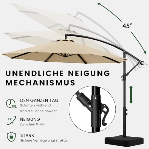 OLILAWN Sonnenschirm mit Ständer, 300 cm Ampelschirm mit Kurbel, für Balkon, Terrasse & Garten, Sonnenschutz, Gestell & Ständer aus Alu, UV-Schutz, wasserdicht Windfest, 360° Funktion Schutzhülle – Bild 4