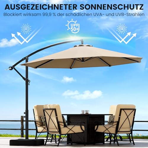 OLILAWN Sonnenschirm mit Ständer, 300 cm Ampelschirm mit Kurbel, für Balkon, Terrasse & Garten, Sonnenschutz, Gestell & Ständer aus Alu, UV-Schutz, wasserdicht Windfest, 360° Funktion Schutzhülle – Bild 2