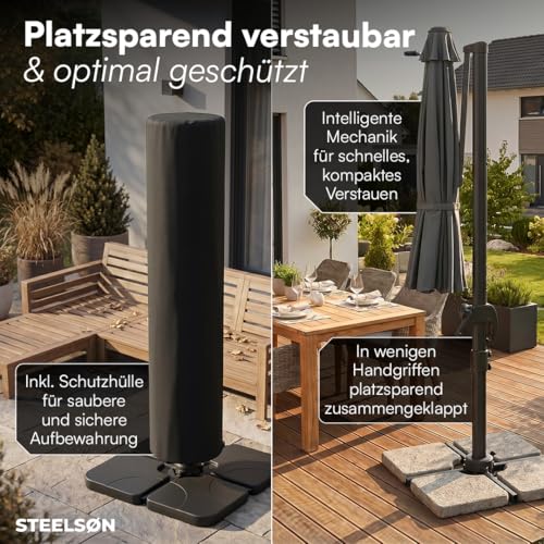 STEELSØN Elaris Premium Sonnenschirm rechteckig 300x300 cm – Ampelschirm inkl. Schutzhülle – Gartenschirm neigbar & 360° drehbar – Sonnenschutz UV50 wetterfest – robustes Alu Gestell - anthrazit – Bild 7