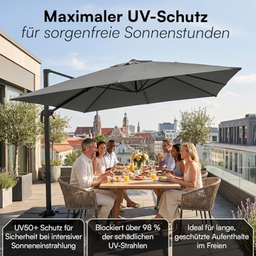 STEELSØN Elaris Premium Sonnenschirm rechteckig 300x300 cm – Ampelschirm inkl. Schutzhülle – Gartenschirm neigbar & 360° drehbar – Sonnenschutz UV50 wetterfest – robustes Alu Gestell - anthrazit – Bild 8