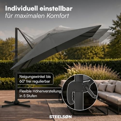 STEELSØN Elaris Premium Sonnenschirm rechteckig 300x300 cm – Ampelschirm inkl. Schutzhülle – Gartenschirm neigbar & 360° drehbar – Sonnenschutz UV50 wetterfest – robustes Alu Gestell - anthrazit – Bild 6