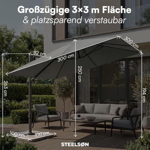 STEELSØN Elaris Premium Sonnenschirm rechteckig 300x300 cm – Ampelschirm inkl. Schutzhülle – Gartenschirm neigbar & 360° drehbar – Sonnenschutz UV50 wetterfest – robustes Alu Gestell - anthrazit – Bild 9