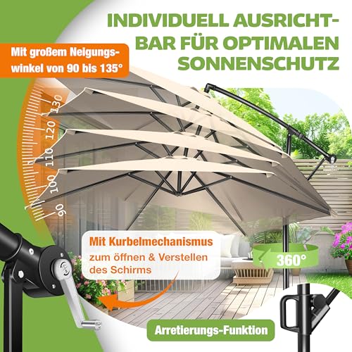 KESSER® Sonnenschirm Ø 350 cm, Ampelschirm mit Kurbel, für Balkon, Terrasse & Garten, Sonnenschutz, Gestell & Ständer aus Alu, UV-Schutz, wasserdicht Windfest, 360° Funktion Schutzhülle, Beige – Bild 5