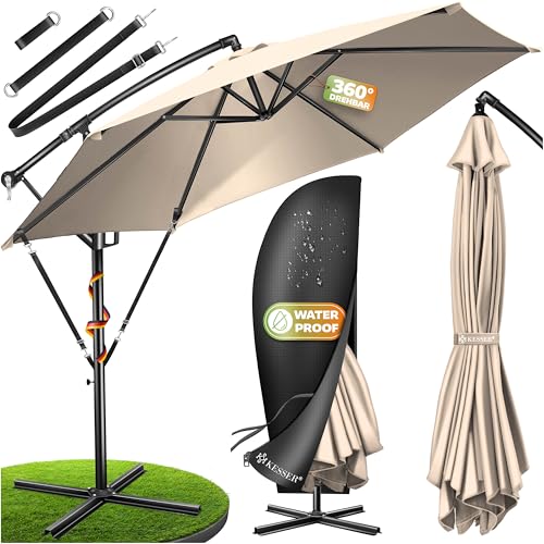 KESSER® Sonnenschirm Ø 350 cm, Ampelschirm mit Kurbel, für Balkon, Terrasse & Garten, Sonnenschutz, Gestell & Ständer aus Alu, UV-Schutz, wasserdicht Windfest, 360° Funktion Schutzhülle, Beige