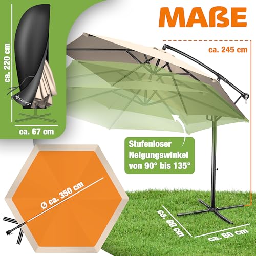 KESSER® Sonnenschirm Ø 350 cm, Ampelschirm mit Kurbel, für Balkon, Terrasse & Garten, Sonnenschutz, Gestell & Ständer aus Alu, UV-Schutz, wasserdicht Windfest, 360° Funktion Schutzhülle, Beige – Bild 2