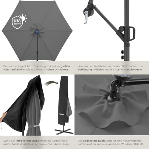tectake® Ampelschirm, Ø 350 cm, 360° drehbar, wetterfest, mit Kurbelmechanismus und LED Solar-Beleuchtung, Doppeldach Sonnenschirm, neigbar, Gartenschirm, Pendelschirm, Schattenschirm - grau – Bild 5
