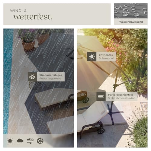 tectake® Ampelschirm, Ø 350 cm, 360° drehbar, wetterfest, mit Kurbelmechanismus und LED Solar-Beleuchtung, Doppeldach Sonnenschirm, neigbar, Gartenschirm, Pendelschirm, Schattenschirm - grau – Bild 8