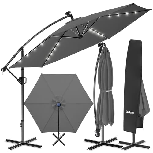 tectake® Ampelschirm, Ø 350 cm, 360° drehbar, wetterfest, mit Kurbelmechanismus und LED Solar-Beleuchtung, Doppeldach Sonnenschirm, neigbar, Gartenschirm, Pendelschirm, Schattenschirm - grau