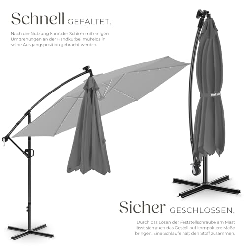 tectake® Ampelschirm, Ø 350 cm, 360° drehbar, wetterfest, mit Kurbelmechanismus und LED Solar-Beleuchtung, Doppeldach Sonnenschirm, neigbar, Gartenschirm, Pendelschirm, Schattenschirm - grau – Bild 3