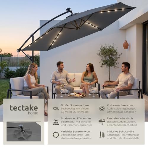 tectake® Ampelschirm, Ø 350 cm, 360° drehbar, wetterfest, mit Kurbelmechanismus und LED Solar-Beleuchtung, Doppeldach Sonnenschirm, neigbar, Gartenschirm, Pendelschirm, Schattenschirm - grau – Bild 2