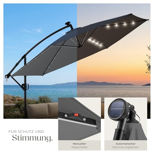 tectake® Ampelschirm, Ø 350 cm, 360° drehbar, wetterfest, mit Kurbelmechanismus und LED Solar-Beleuchtung, Doppeldach Sonnenschirm, neigbar, Gartenschirm, Pendelschirm, Schattenschirm - grau – Bild 4