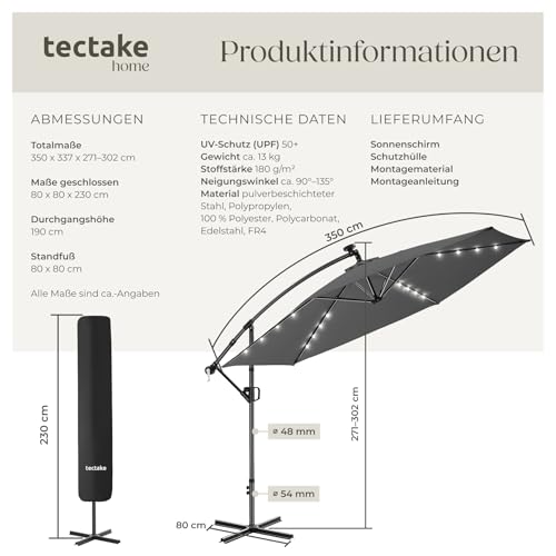 tectake® Ampelschirm, Ø 350 cm, 360° drehbar, wetterfest, mit Kurbelmechanismus und LED Solar-Beleuchtung, Doppeldach Sonnenschirm, neigbar, Gartenschirm, Pendelschirm, Schattenschirm - grau – Bild 6