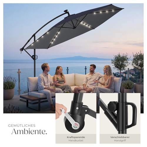 tectake® Ampelschirm, Ø 350 cm, 360° drehbar, wetterfest, mit Kurbelmechanismus und LED Solar-Beleuchtung, Doppeldach Sonnenschirm, neigbar, Gartenschirm, Pendelschirm, Schattenschirm - grau – Bild 7