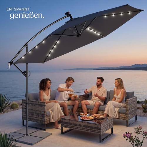 tectake® Ampelschirm, Ø 350 cm, 360° drehbar, wetterfest, mit Kurbelmechanismus und LED Solar-Beleuchtung, Doppeldach Sonnenschirm, neigbar, Gartenschirm, Pendelschirm, Schattenschirm - grau – Bild 9