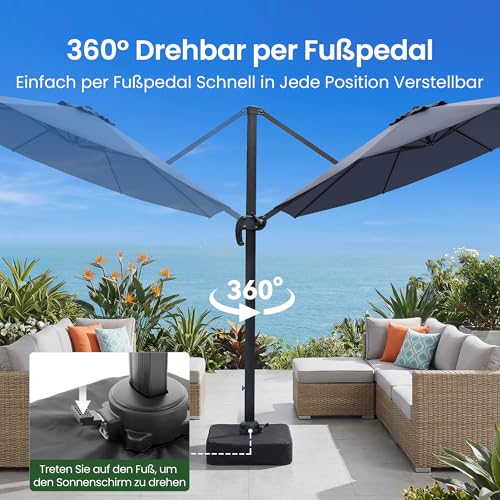 OLILAWN Sonnenschirm Ø305 cm mit Schwerlast-Basis & Sandsäcken, UV-Schutz 240GSM Garngefärbtes Polyester, Aluminium Ampelschirm 360° drehbar & 5-fach neigbar, inkl. Schutzhülle, für Pool & Garten – Bild 5