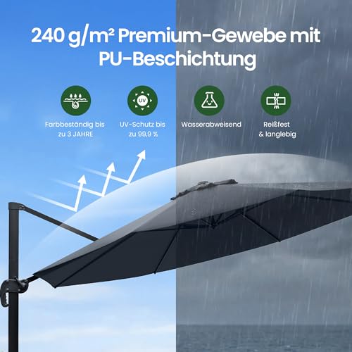 OLILAWN Sonnenschirm Ø305 cm mit Schwerlast-Basis & Sandsäcken, UV-Schutz 240GSM Garngefärbtes Polyester, Aluminium Ampelschirm 360° drehbar & 5-fach neigbar, inkl. Schutzhülle, für Pool & Garten – Bild 7