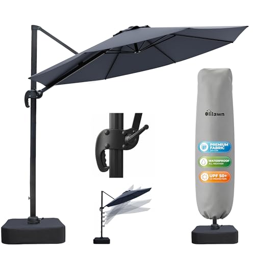 OLILAWN Sonnenschirm Ø305 cm mit Schwerlast-Basis & Sandsäcken, UV-Schutz 240GSM Garngefärbtes Polyester, Aluminium Ampelschirm 360° drehbar & 5-fach neigbar, inkl. Schutzhülle, für Pool & Garten