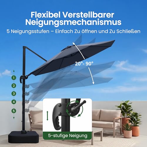 OLILAWN Sonnenschirm Ø305 cm mit Schwerlast-Basis & Sandsäcken, UV-Schutz 240GSM Garngefärbtes Polyester, Aluminium Ampelschirm 360° drehbar & 5-fach neigbar, inkl. Schutzhülle, für Pool & Garten – Bild 3