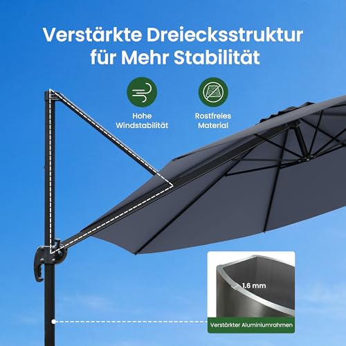 OLILAWN Sonnenschirm Ø305 cm mit Schwerlast-Basis & Sandsäcken, UV-Schutz 240GSM Garngefärbtes Polyester, Aluminium Ampelschirm 360° drehbar & 5-fach neigbar, inkl. Schutzhülle, für Pool & Garten – Bild 4