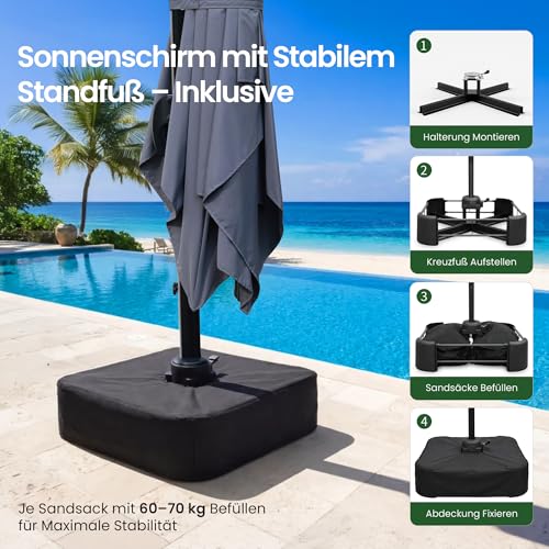 OLILAWN Sonnenschirm Ø305 cm mit Schwerlast-Basis & Sandsäcken, UV-Schutz 240GSM Garngefärbtes Polyester, Aluminium Ampelschirm 360° drehbar & 5-fach neigbar, inkl. Schutzhülle, für Pool & Garten – Bild 6