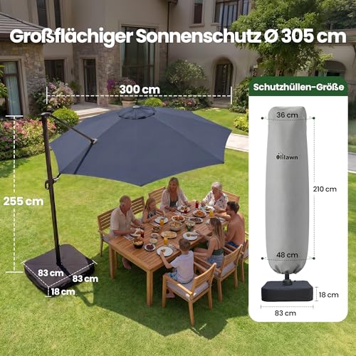 OLILAWN Sonnenschirm Ø305 cm mit Schwerlast-Basis & Sandsäcken, UV-Schutz 240GSM Garngefärbtes Polyester, Aluminium Ampelschirm 360° drehbar & 5-fach neigbar, inkl. Schutzhülle, für Pool & Garten – Bild 8