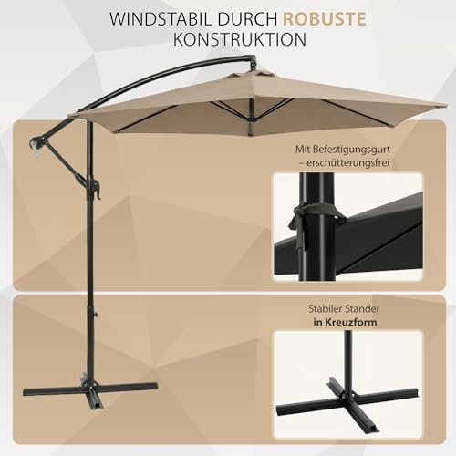 Sekey Ampelschirm 300 cm mit neigbarem Schirmdach, Sonnenschirm mit 48mm Alu-Mast & 6x Stahlstreben,Garten Terrassen Schirm rund knickbar, inkl. Zusatzgurt gegen Wackeln – Bild 5