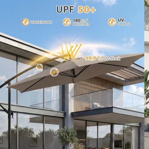 Sekey Ampelschirm 300 cm mit neigbarem Schirmdach, Sonnenschirm mit 48mm Alu-Mast & 6x Stahlstreben,Garten Terrassen Schirm rund knickbar, inkl. Zusatzgurt gegen Wackeln – Bild 3