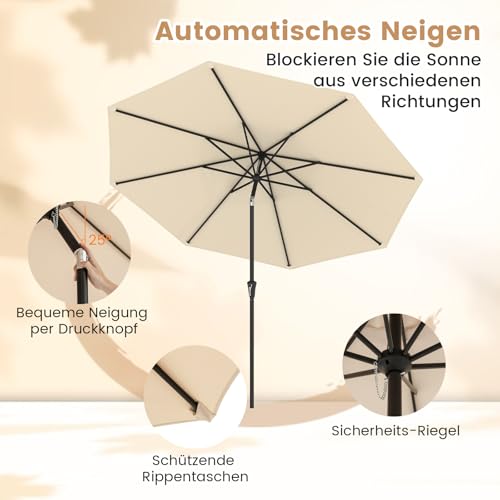 COSTWAY Sonnenschirm 300 cm, Gartenschirm mit Kurbel, beidseitig um 25° knickbar, Terrassenschirm mit 8 Rippen, Marktschirm für Garten, Balkon, Terrasse, Beige – Bild 6