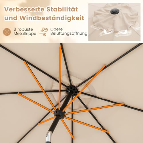 COSTWAY Sonnenschirm 300 cm, Gartenschirm mit Kurbel, beidseitig um 25° knickbar, Terrassenschirm mit 8 Rippen, Marktschirm für Garten, Balkon, Terrasse, Beige – Bild 4