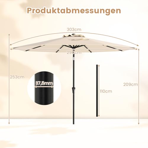 COSTWAY Sonnenschirm 300 cm, Gartenschirm mit Kurbel, beidseitig um 25° knickbar, Terrassenschirm mit 8 Rippen, Marktschirm für Garten, Balkon, Terrasse, Beige – Bild 5