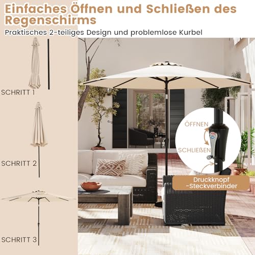 COSTWAY Sonnenschirm 300 cm, Gartenschirm mit Kurbel, beidseitig um 25° knickbar, Terrassenschirm mit 8 Rippen, Marktschirm für Garten, Balkon, Terrasse, Beige – Bild 7