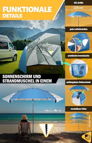 Menz Sonnenschirm Strand windfest stabil Ø 220 cm - Funktionale UPF 50 Sonnenschirm Muschel, Strandschirm mit Seitenwand, Sonnenschutz Strand – Bild 5
