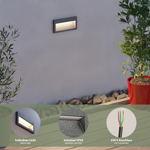 ledscom.de 4 Stück LED Wandeinbauleuchte NOLA, Downlight für außen, IP54, anthrazit matt, 140 x 70mm, warmweiß – Bild 4