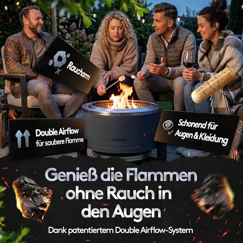 Rauchfreie Edelstahl Feuerschale Ø 56 cm| Raucharm Dank Turbo-Brenner | 2-in-1 Feuerstelle & Grill für Garten, Camping & Terrasse | Feuertonne & Feuerkorb für Holz & Pellets ohne Rauch Flammenwerk – Bild 2