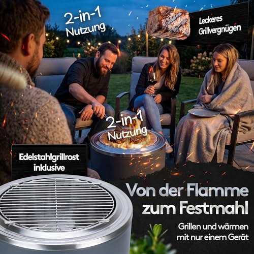 Rauchfreie Edelstahl Feuerschale Ø 56 cm| Raucharm Dank Turbo-Brenner | 2-in-1 Feuerstelle & Grill für Garten, Camping & Terrasse | Feuertonne & Feuerkorb für Holz & Pellets ohne Rauch Flammenwerk – Bild 6