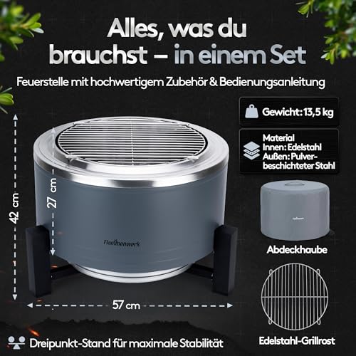 Rauchfreie Edelstahl Feuerschale Ø 56 cm| Raucharm Dank Turbo-Brenner | 2-in-1 Feuerstelle & Grill für Garten, Camping & Terrasse | Feuertonne & Feuerkorb für Holz & Pellets ohne Rauch Flammenwerk – Bild 8