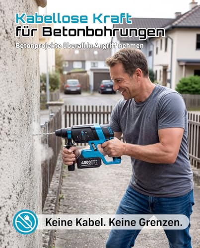SEESII 2.8J SDS Plus Akku Bohrhammer Kit, 4-in-1 Schlagbohrmaschine mit 2×4.0Ah Akku (Kompatibel mit Makita 18-V-Akkus), Bürstenlos, für Beton, Renovierung & DIY, inkl. Bohrer, Meißel & Koffer – Bild 3
