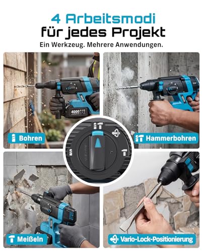 SEESII 2.8J SDS Plus Akku Bohrhammer Kit, 4-in-1 Schlagbohrmaschine mit 2×4.0Ah Akku (Kompatibel mit Makita 18-V-Akkus), Bürstenlos, für Beton, Renovierung & DIY, inkl. Bohrer, Meißel & Koffer – Bild 4