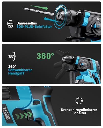 SEESII 2.8J SDS Plus Akku Bohrhammer Kit, 4-in-1 Schlagbohrmaschine mit 2×4.0Ah Akku (Kompatibel mit Makita 18-V-Akkus), Bürstenlos, für Beton, Renovierung & DIY, inkl. Bohrer, Meißel & Koffer – Bild 7
