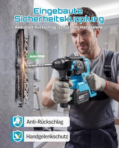SEESII 2.8J SDS Plus Akku Bohrhammer Kit, 4-in-1 Schlagbohrmaschine mit 2×4.0Ah Akku (Kompatibel mit Makita 18-V-Akkus), Bürstenlos, für Beton, Renovierung & DIY, inkl. Bohrer, Meißel & Koffer – Bild 8