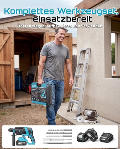 SEESII 2.8J SDS Plus Akku Bohrhammer Kit, 4-in-1 Schlagbohrmaschine mit 2×4.0Ah Akku (Kompatibel mit Makita 18-V-Akkus), Bürstenlos, für Beton, Renovierung & DIY, inkl. Bohrer, Meißel & Koffer – Bild 9
