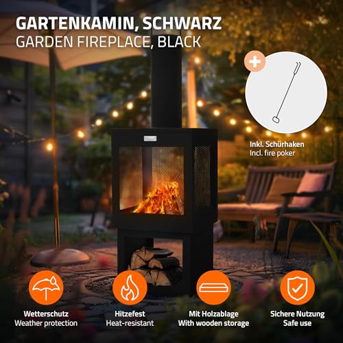 ML-Design Gartenkamin mit Schornstein 128x40 cm eckig, Stahl, Outdoor Gartenofen, Terrassenofen mit Schürhaken, abnehmbarem Dach, Holzablage, Terrassenkamin Feuerschale/Feuerkorb für Garten & Camping – Bild 2