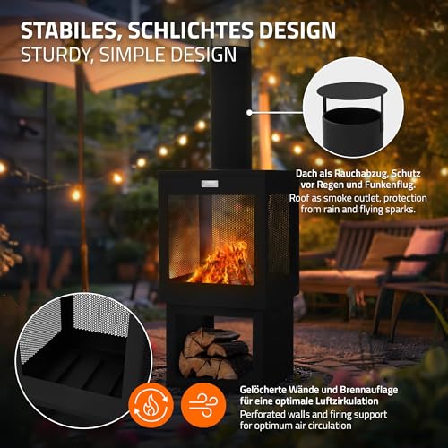 ML-Design Gartenkamin mit Schornstein 128x40 cm eckig, Stahl, Outdoor Gartenofen, Terrassenofen mit Schürhaken, abnehmbarem Dach, Holzablage, Terrassenkamin Feuerschale/Feuerkorb für Garten & Camping – Bild 3