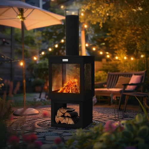 ML-Design Gartenkamin mit Schornstein 128x40 cm eckig, Stahl, Outdoor Gartenofen, Terrassenofen mit Schürhaken, abnehmbarem Dach, Holzablage, Terrassenkamin Feuerschale/Feuerkorb für Garten & Camping – Bild 7
